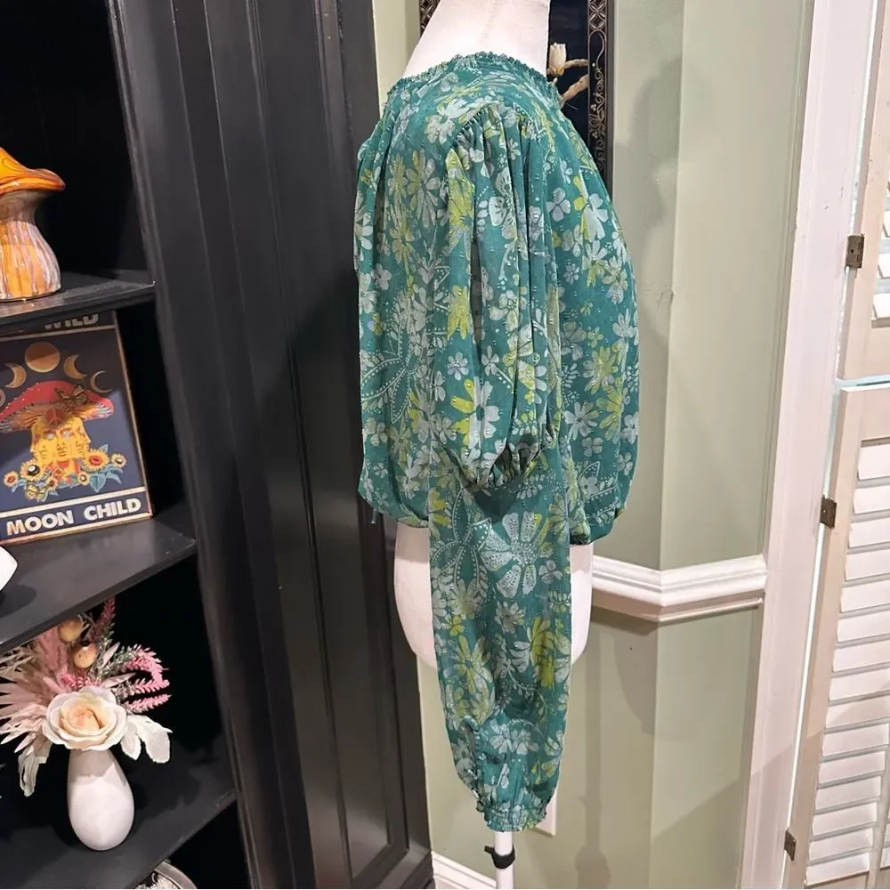 Free People Green Floral Peasant Blouse Balloon Sleeve Boho Top – Size XS